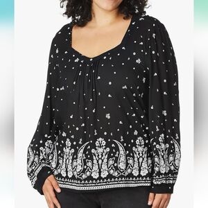 Lucky Brand Women's Peasant Top Size Xlarge Paisley Print Black Boho
